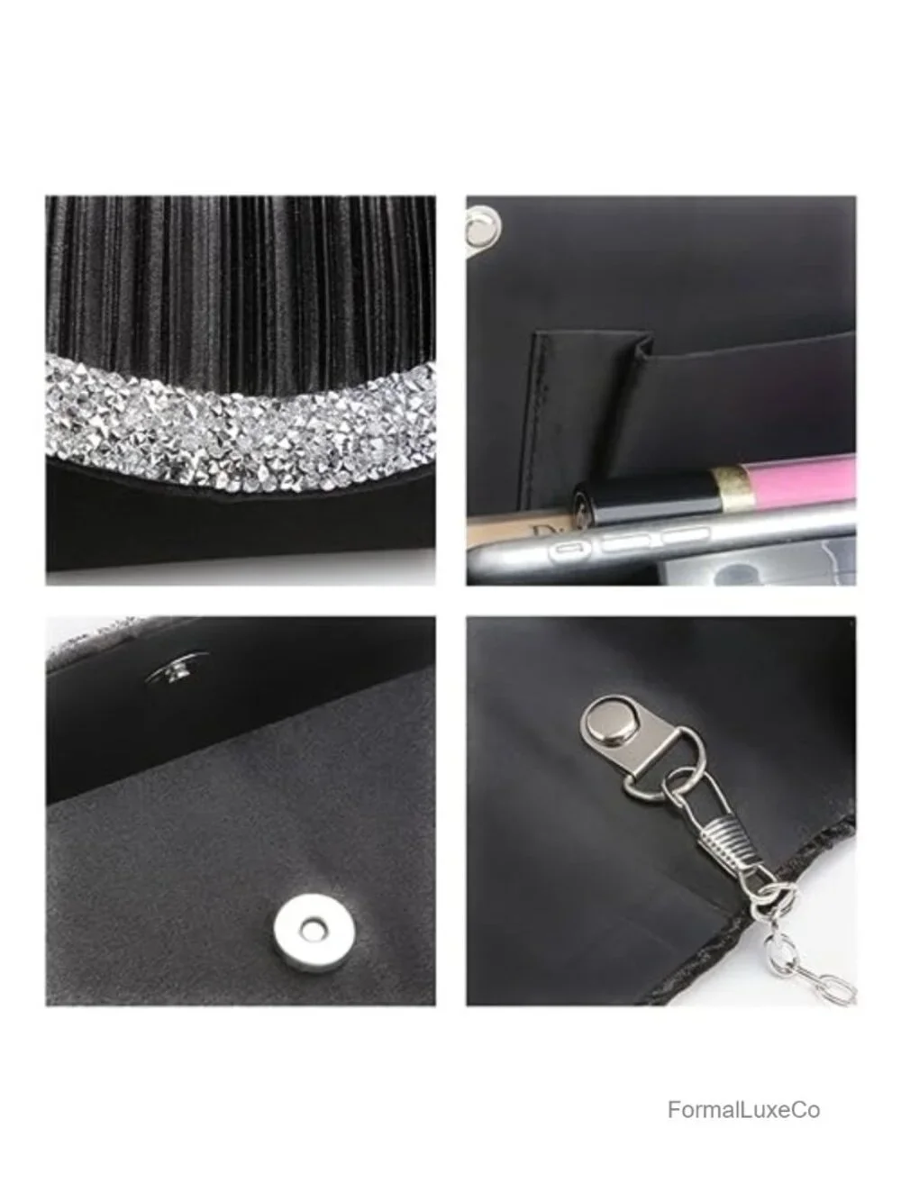 Satin Evening Clutch with Rhinestone Trim Pleated Flap Crossbody